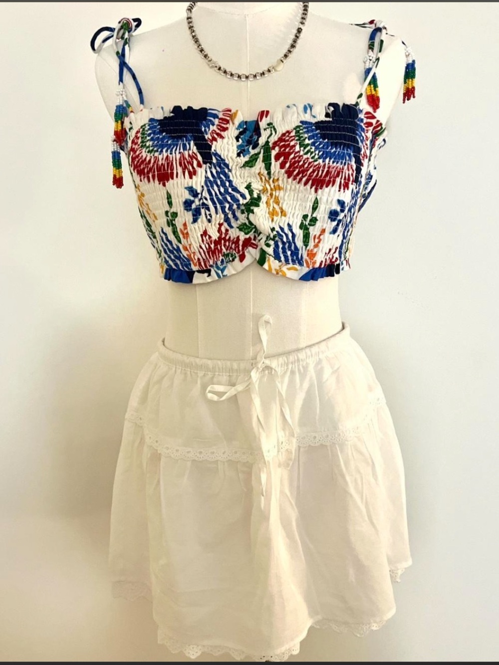 House of Harlow 1960 smocked beaded tassel tropical Hawaiian crop tank top M